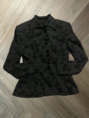 Vintage Peggy‎ Jennings Flocked Floral Rose Velvet Blazer Jacket Womens 4 Black